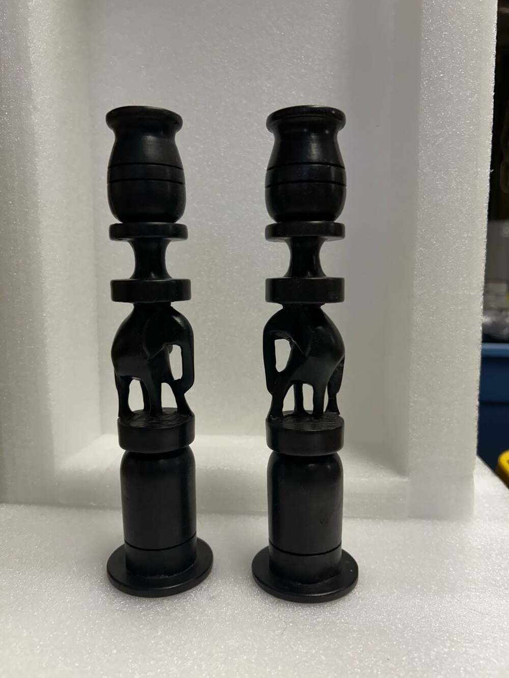 Vintage Hand-Carved Ebony Wood Elephant Candlestick Holders, Tribal Style Pair